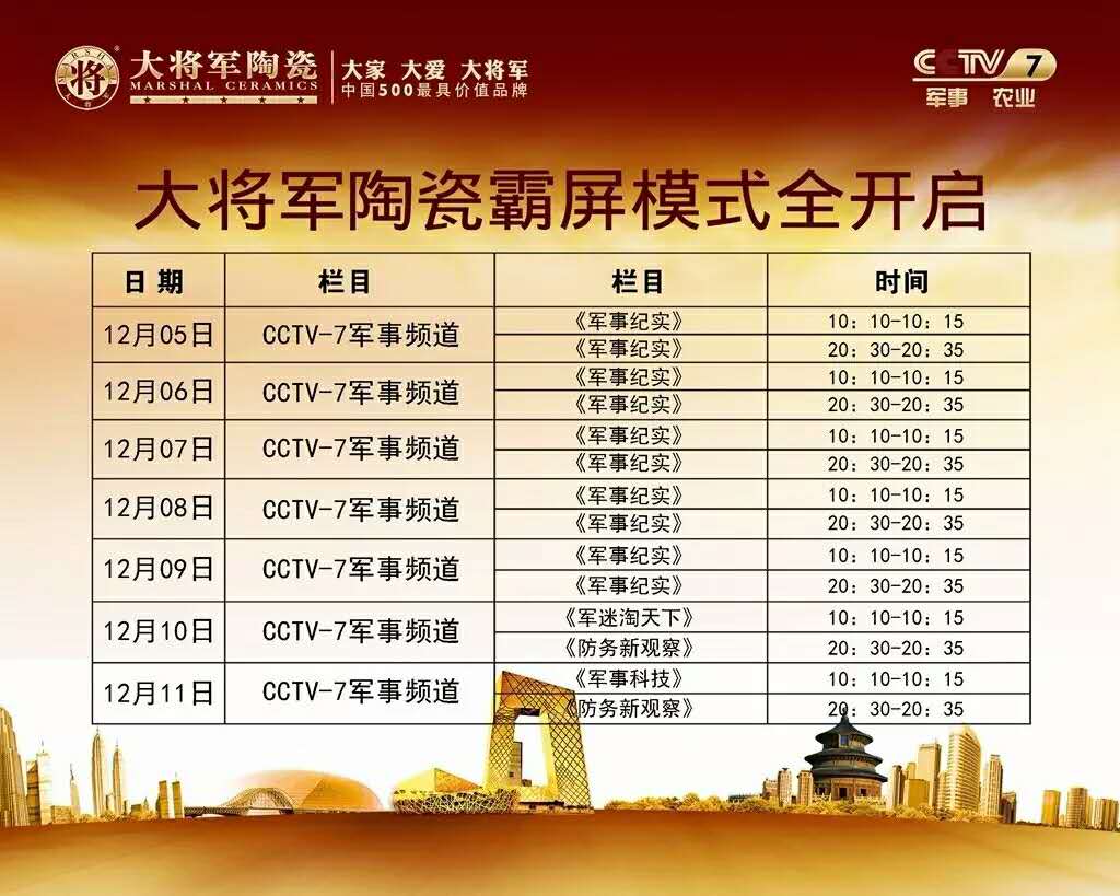 奔跑吧12月，大将军陶瓷央视广告为您呐喊助威
(图1)